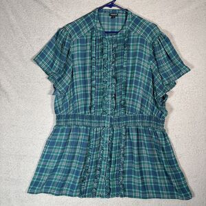 Torrid Top Women’s Plus Size 3X Green Plaid Flutter Sleeve Ruffles Empire Waist‎